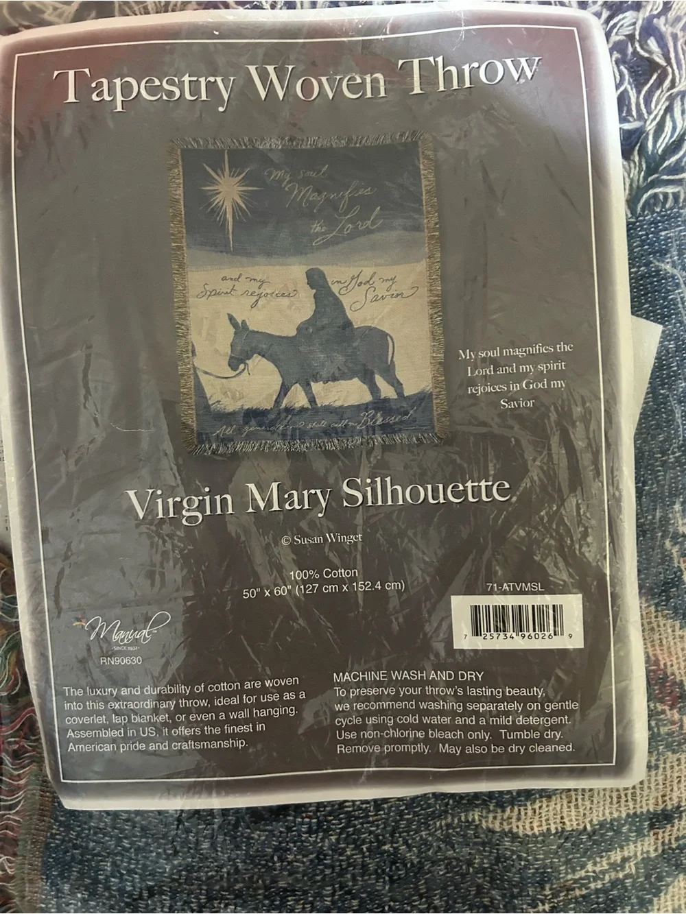 Virgin Mary Silhouette Tapestry Woven Throw - Blue/Brown Throw Blanket 50”x 60”